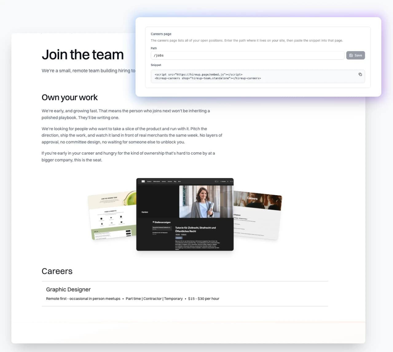 A HireUp job application embedded on a website