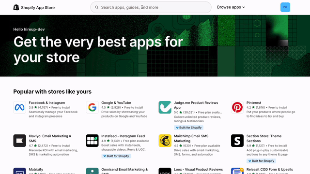 Installing HireUp from the Shopify app store