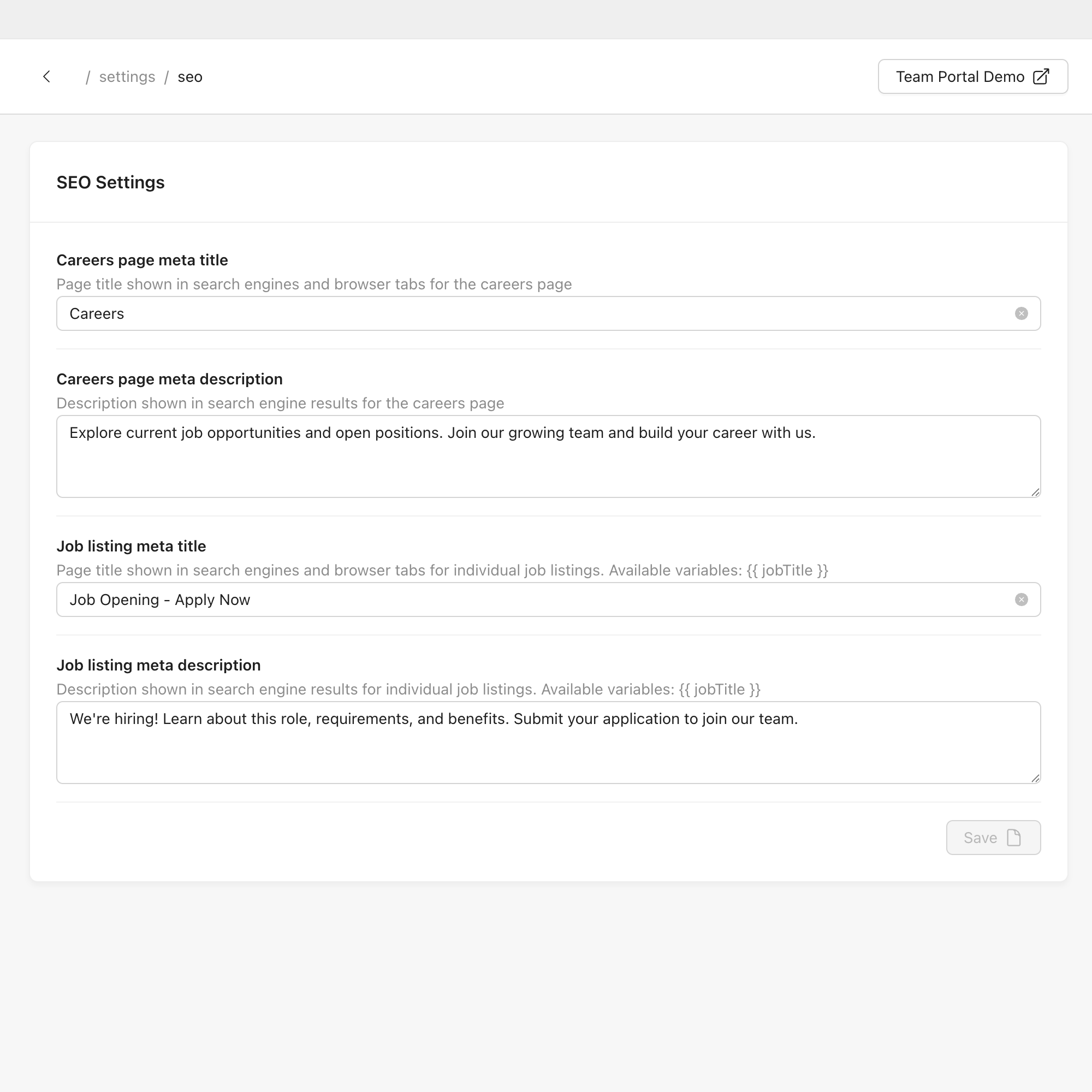 Custom SEO settings in HireUp Admin