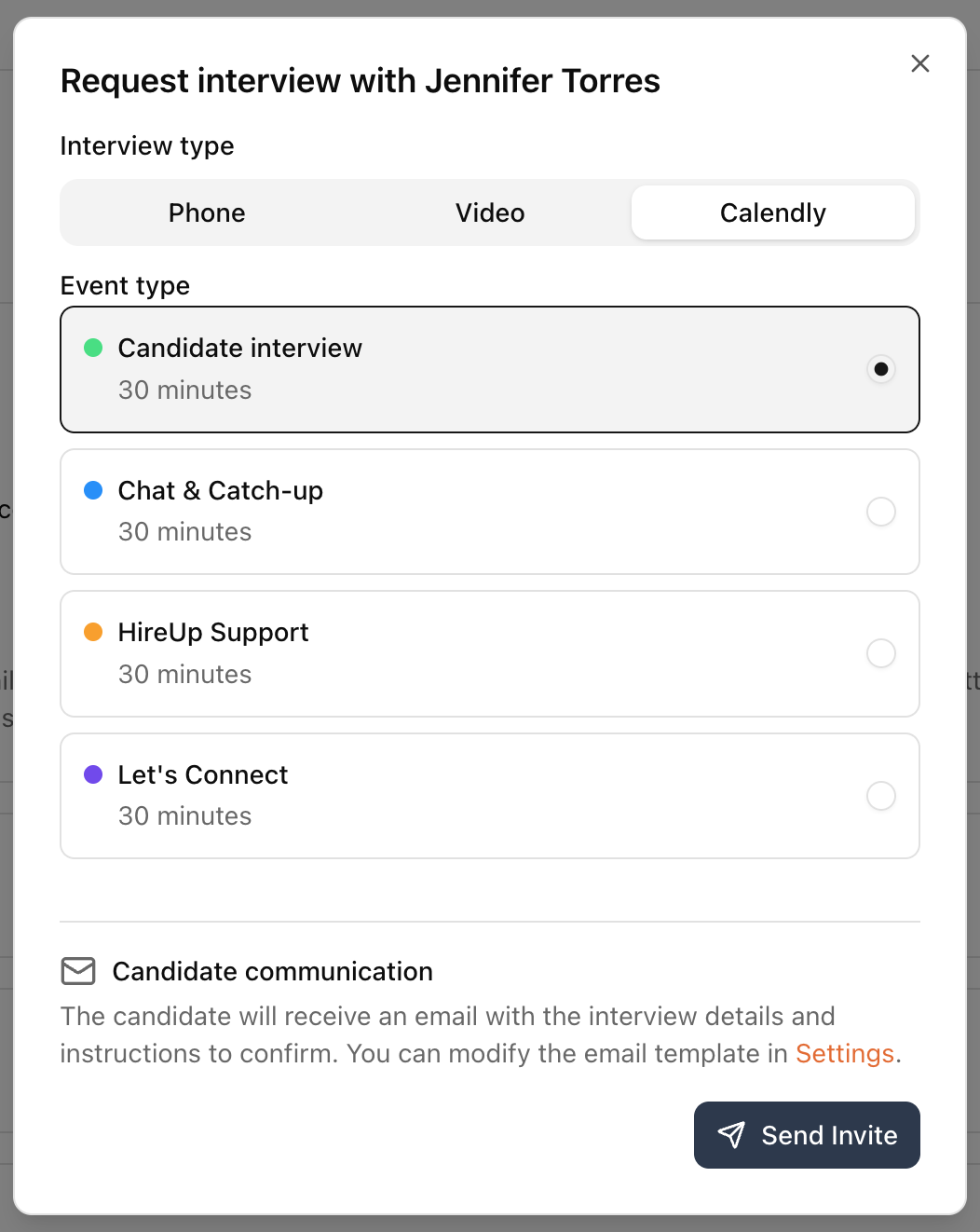 Interview scheduling form with Calendly event type selection